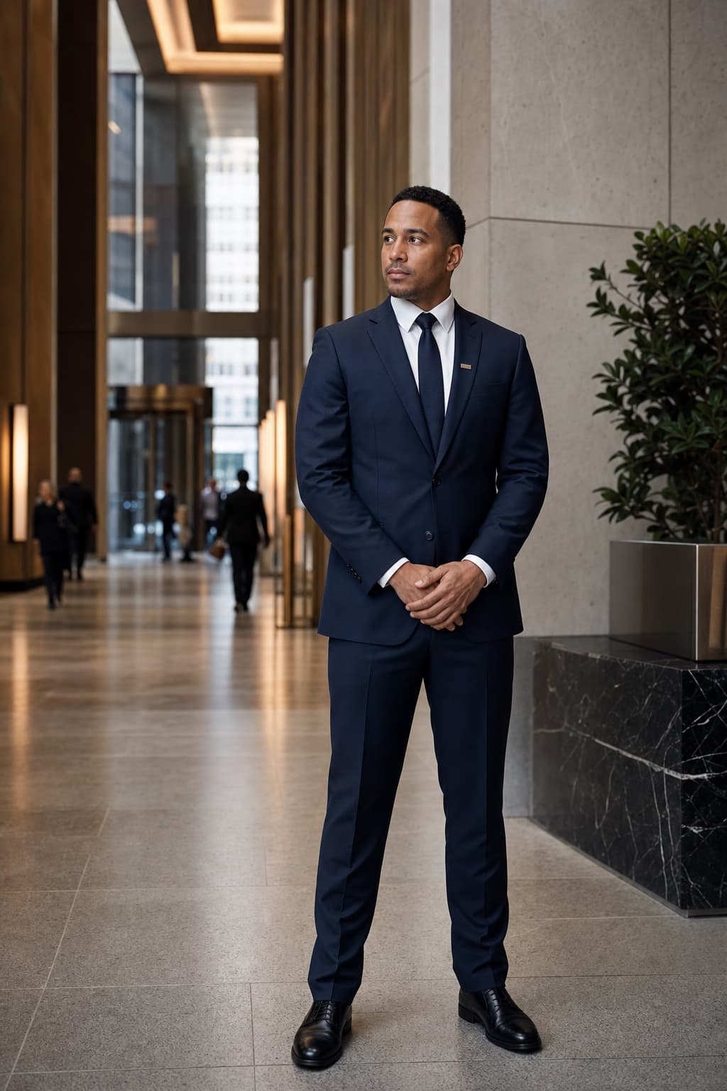 Suited security professional standing attentively in a modern office lobby